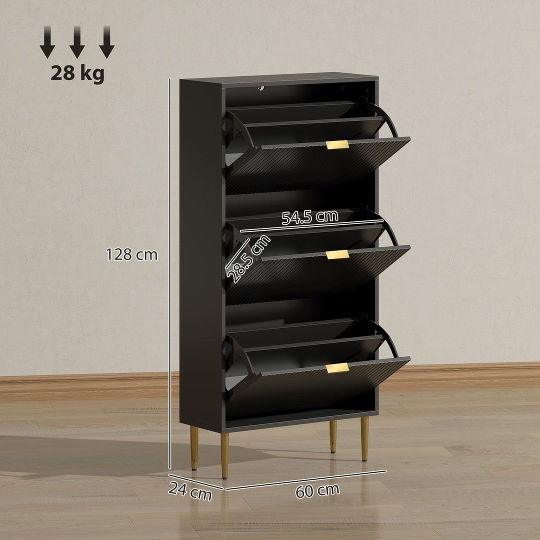 Narrow Shoe Cabinet with 3 Flip Drawers - Black