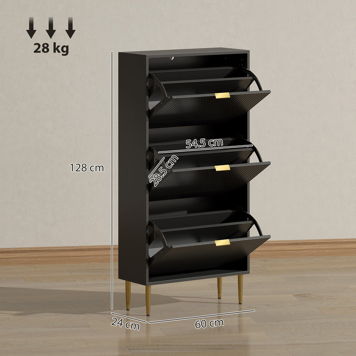 Narrow Shoe Cabinet with 3 Flip Drawers - Black