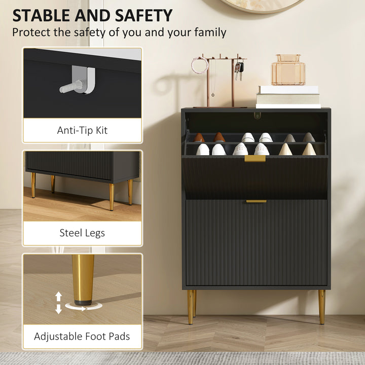 Narrow Shoe Cabinet with 2 Flip Drawers - Black