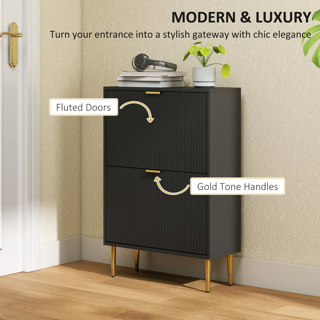 Narrow Shoe Cabinet with 2 Flip Drawers - Black