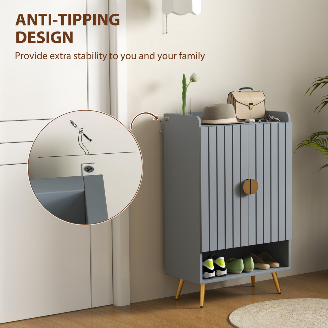 Modern Shoe Cabinet with 2 Doors, Open Shelf and Adjustable Shelves, 15 Pair Hallway Shoe Cupboard, Entryway Storage Unit, Light Grey