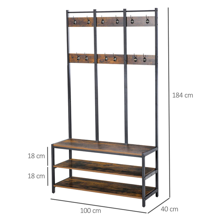 Coat Rack Stand, Free Standing Hall Tree, Coat Stand with Hooks, Bench and Shoe Rack, 100cm x 38.5cm x 185.5cm, Industrial Style, Rustic Brown and Black