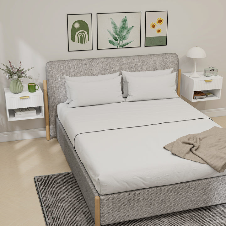 MCL Floating Nightstands Set of 2, Modern Wall Mounted Bedside Tables with Fluted Drawer and Open Shelf for Bedroom, White