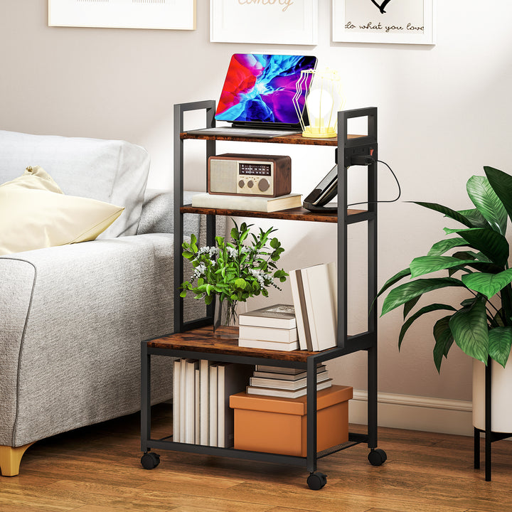 4-Tier Printer Stand with Power Outlets and Wheels - Rustic Brown