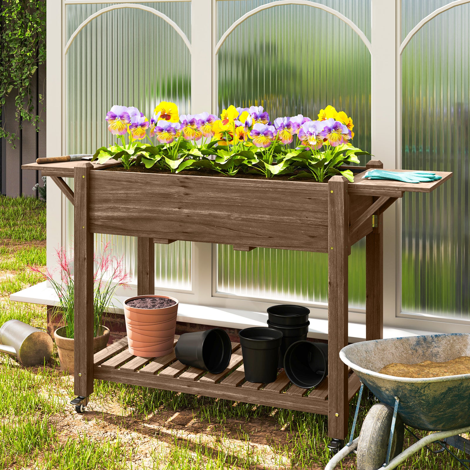 46 x 94cm Wooden Raised Planter, with Shelves - Carbonised