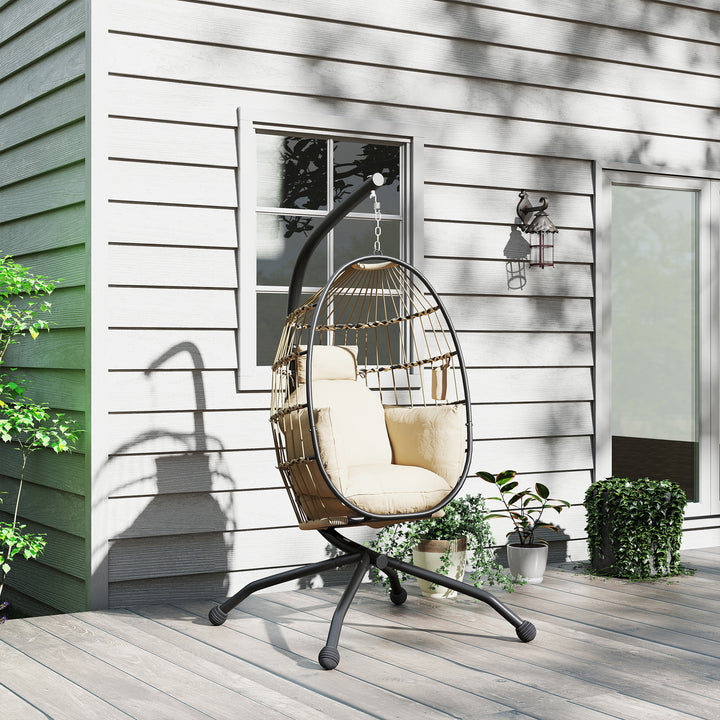 Hanging Egg Chair Outdoor Indoor Garden Swing Chair with Folding Basket and Thickened Cushion, Garden Hanging Chair with Stand, Headrest, Cup Holder for Patio, Balcony, Khaki