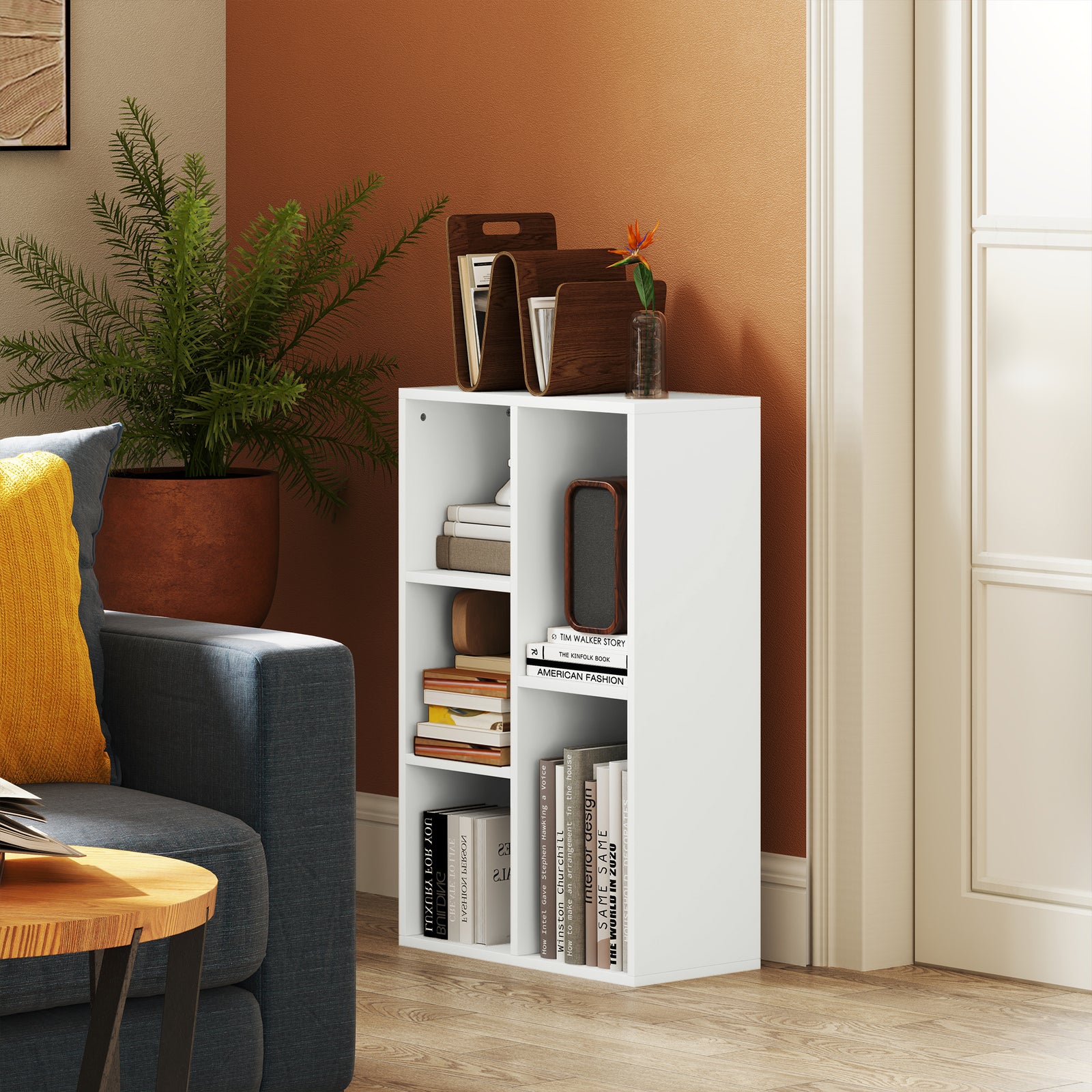2-Tier Bookshelf with 5 Compartments - White
