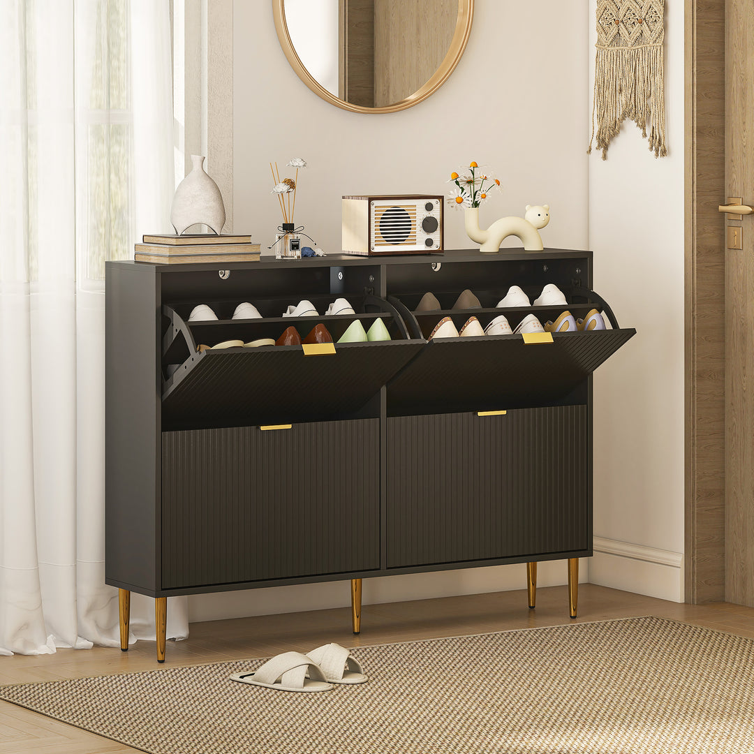 Narrow Shoe Cabinet with 4 Flip Drawers - Black