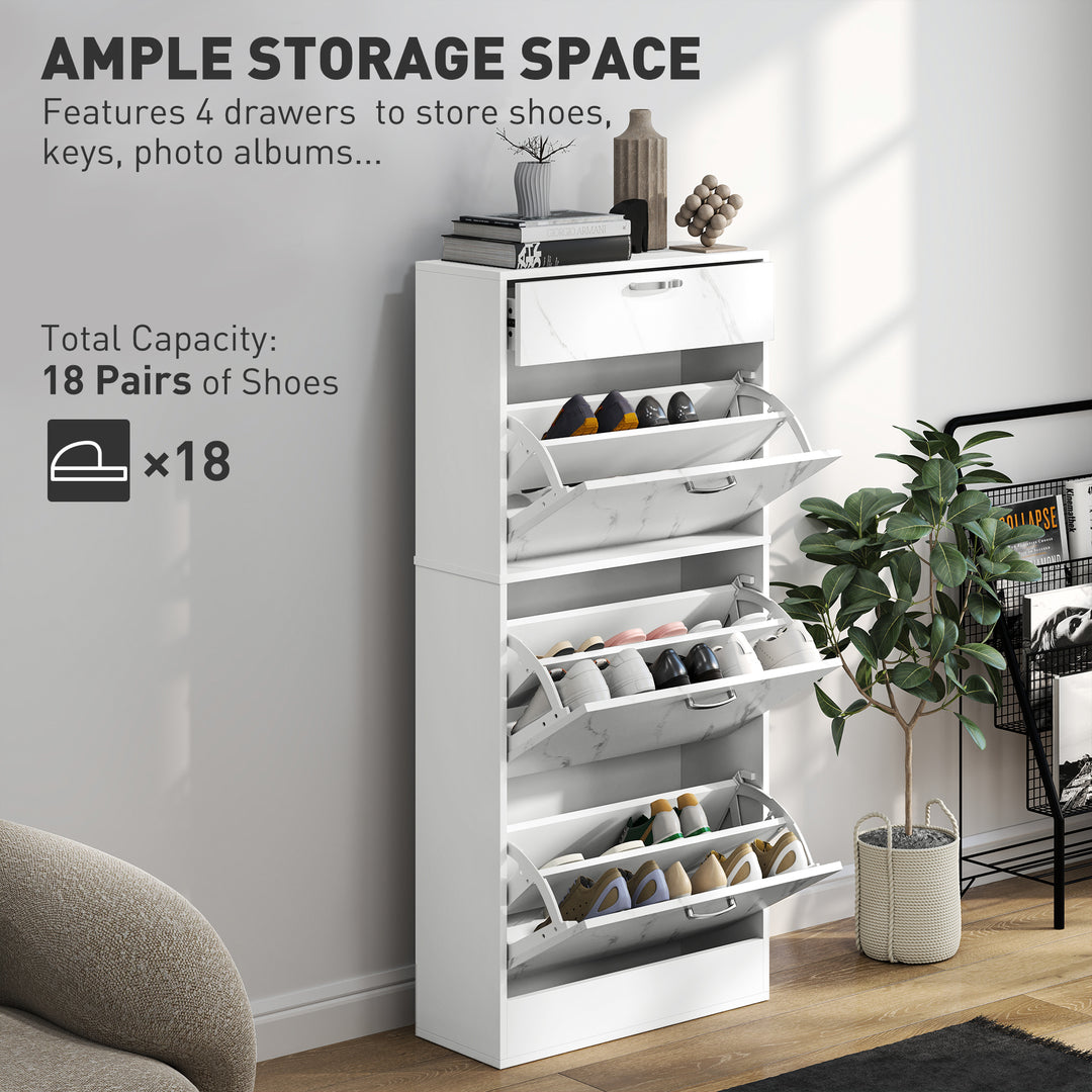 Marble Shoe Storage Cabinet with 3 Flip Drawers, Hallway Cabinet with Top Drawer and Adjustable Shelves, Shoe Cupboard for 18 Pairs, White