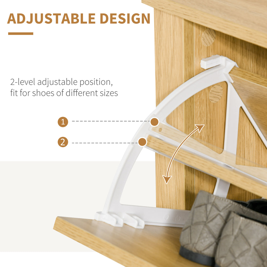 MCL Narrow Shoe Cabinet, Space Saving Shoe Storage Cabinet with 2 Flip Drawers and Adjustable Shelves for 6-12 Pairs of Shoes for Hallways and Living Room, Natural Wood Finish