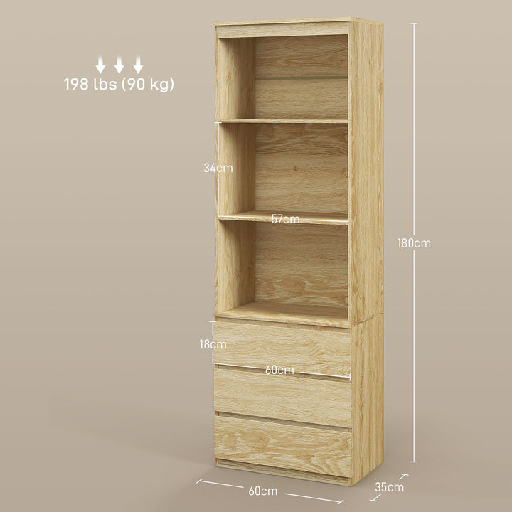 180cm Tall Bookcase, with Shelves and Drawers - Wood Effect