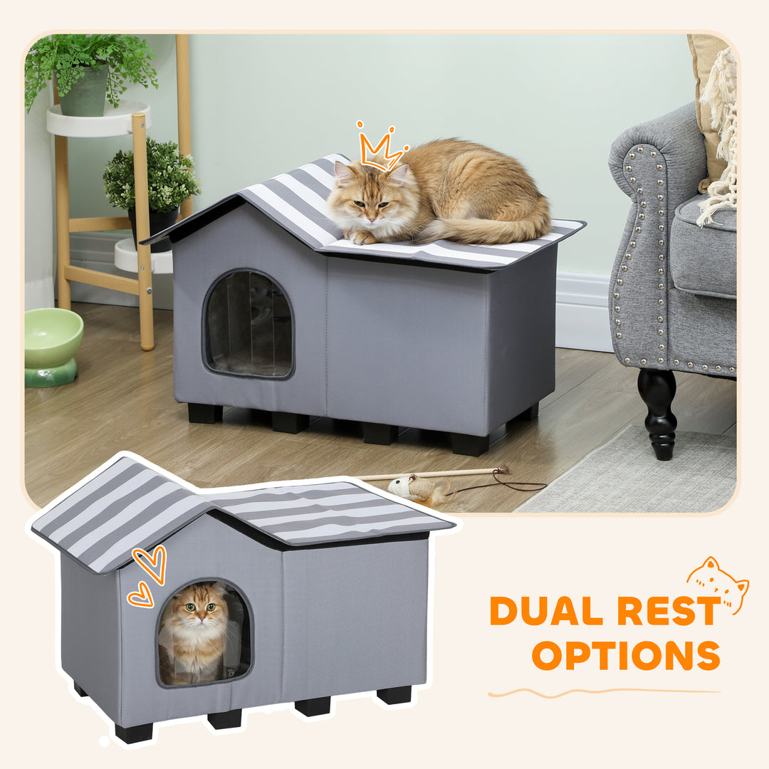 PawHut Outdoor Cat House, Weatherproof Feral Cat Cave with Elevated Base and Cushion for Winter, Grey