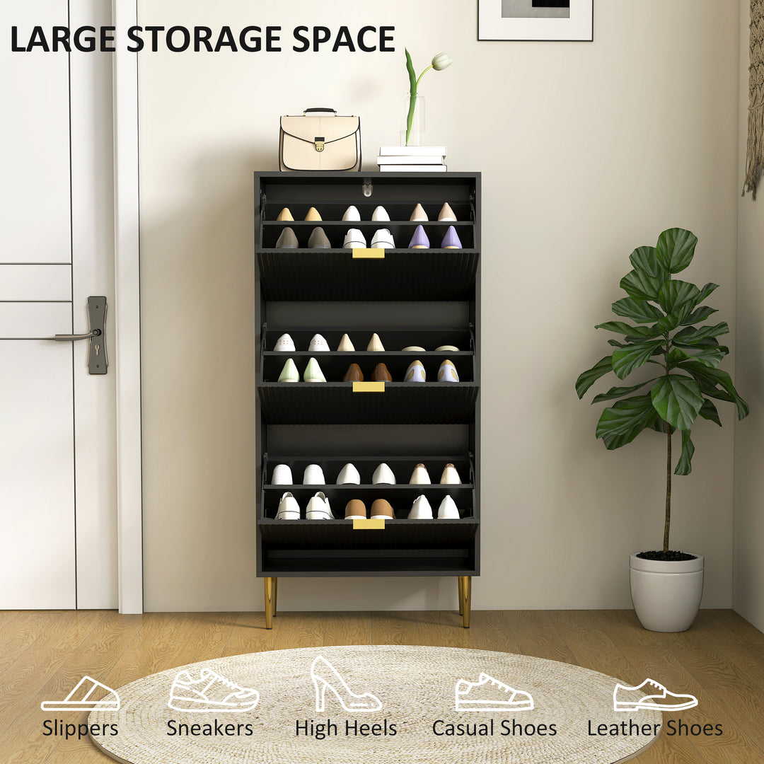 Narrow Shoe Cabinet with 3 Flip Drawers - Black