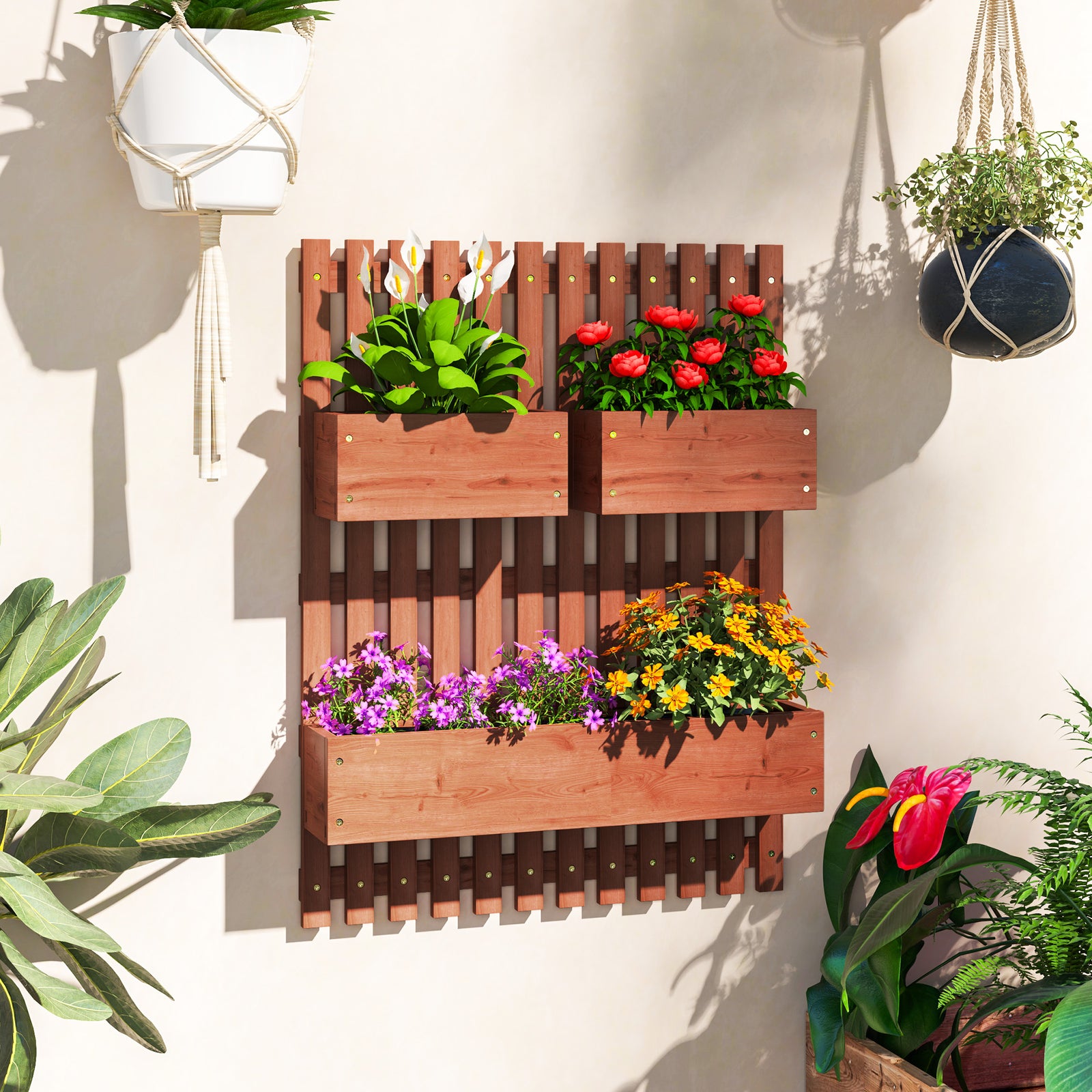Wall-mounted Wooden Garden Planters with Trellis, Drainage Holes and 3 Planter Boxes for Patio, Brown
