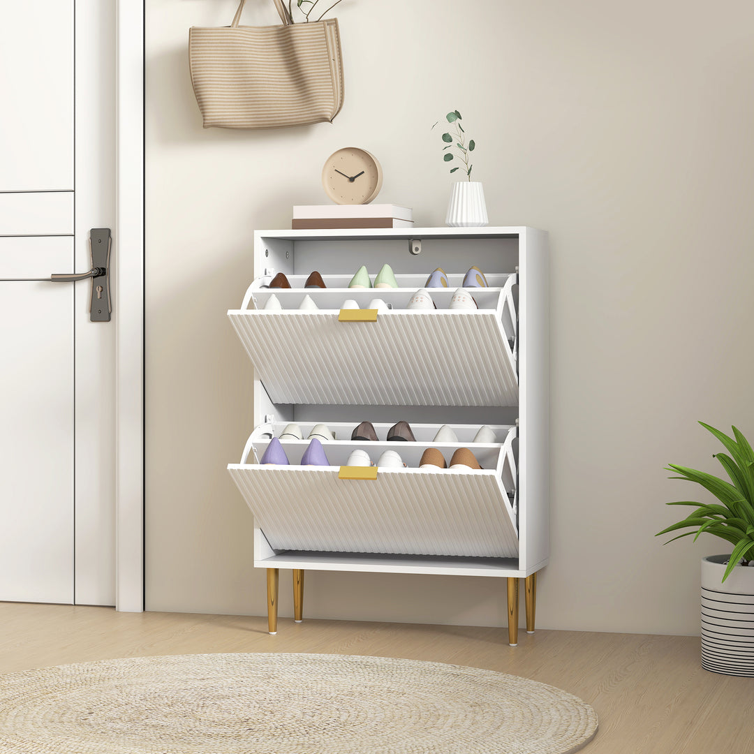 Narrow Shoe Cabinet with 2 Flip Drawers - White