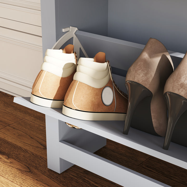 2 Drawer Shoe Cabinet Modern Narrow Shoe Cupboard Hallway Wooden Storage Organiser with Flip Doors Adjustable Shelf for 6-12 Pairs, Grey