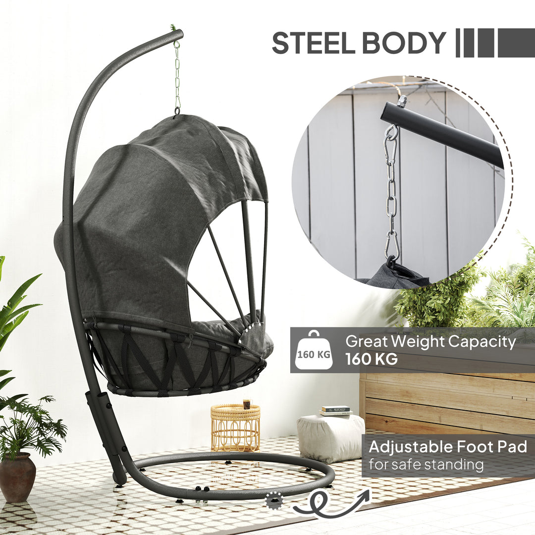 Hanging Egg Chair Swing Hammock Chair with Stand, Cushion and Retractable Canopy, for Indoor and Outdoor, Grey