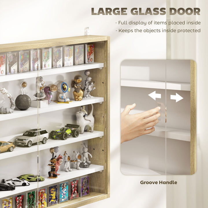 5-Tier Wall Display Shelf Unit Cabinet w/ 4 Adjustable Shelves Glass Doors Home Office Ornaments 60x80cm Natural