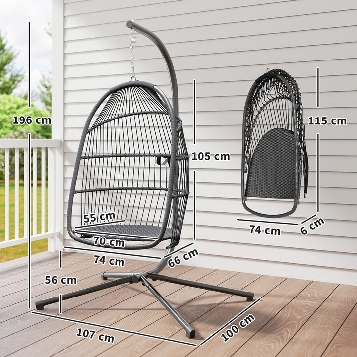 Rattan Hanging Egg Chair with Stand, Foldable Wicker Swing Egg Chair with Cushion, Head Pillow, Steel Frame, Hammock Chair for Indoor Outdoor, Capacity 150 kg, Dark Grey