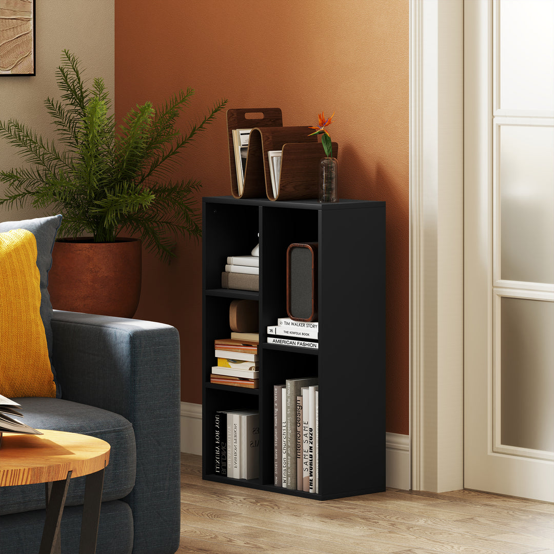 2-Tier Bookshelf with 5 Compartments - Black