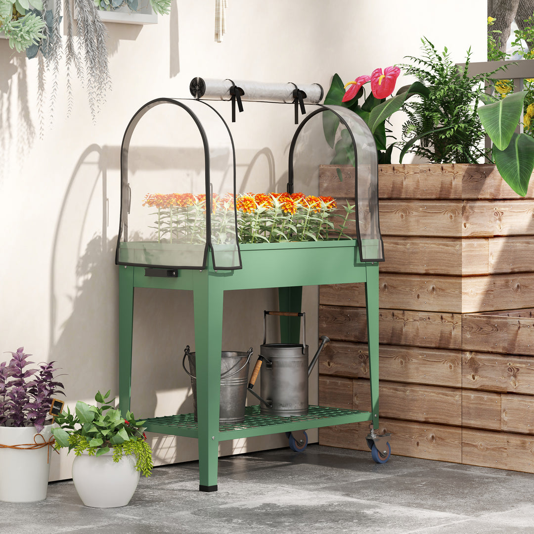 Raised Planter with Greenhouse Cover, Mobile Elevated Garden Bed with Wheels and Bottom Shelf for Vegetables, Green