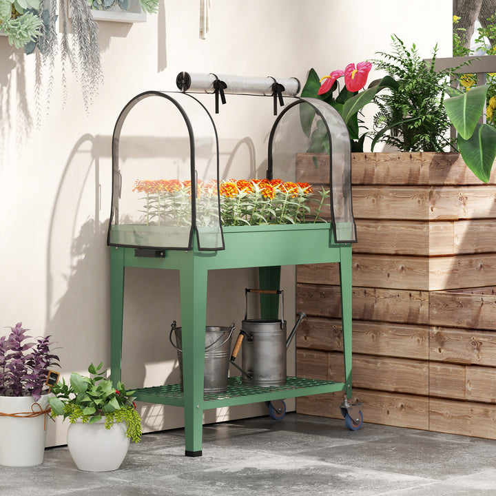 Raised Planter with Greenhouse Cover, Mobile Elevated Garden Bed with Wheels and Bottom Shelf for Vegetables, Green