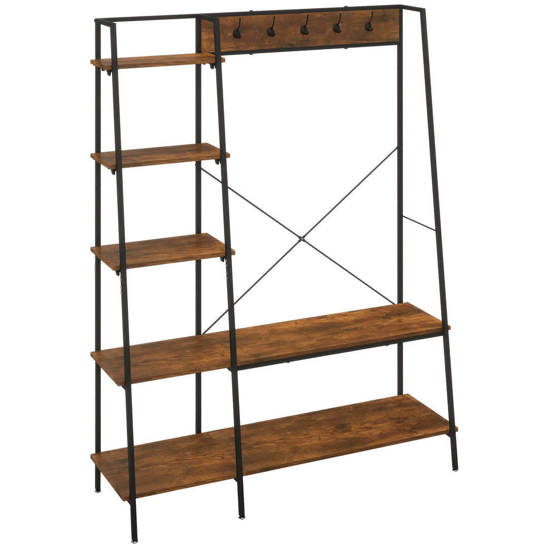 Clothes Rail, Metal Clothes Rack with Shoe Rack, 5 Tier Storage Shelves, 5 Side Hooks, Coat Stand for Bedroom, Living Room, Hallway, Rustic Brown and Black