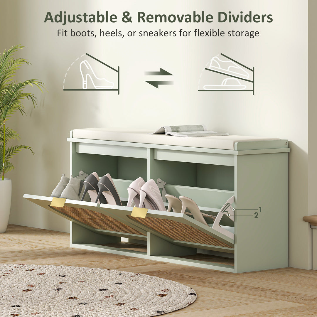 Boho Shoe Bench with Padded Seat and 2 Flip-Drawers - Light Green