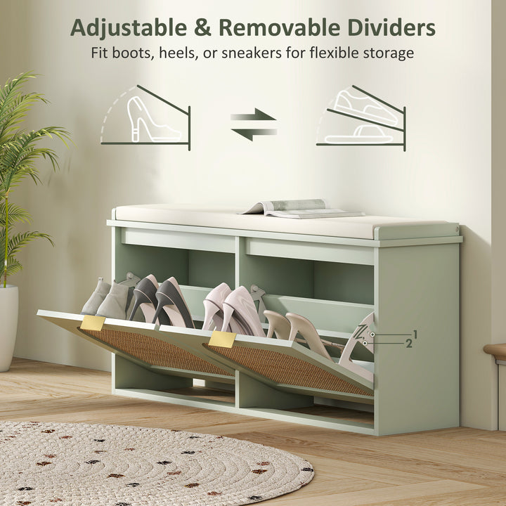 Boho Shoe Bench with Padded Seat and 2 Flip-Drawers - Light Green
