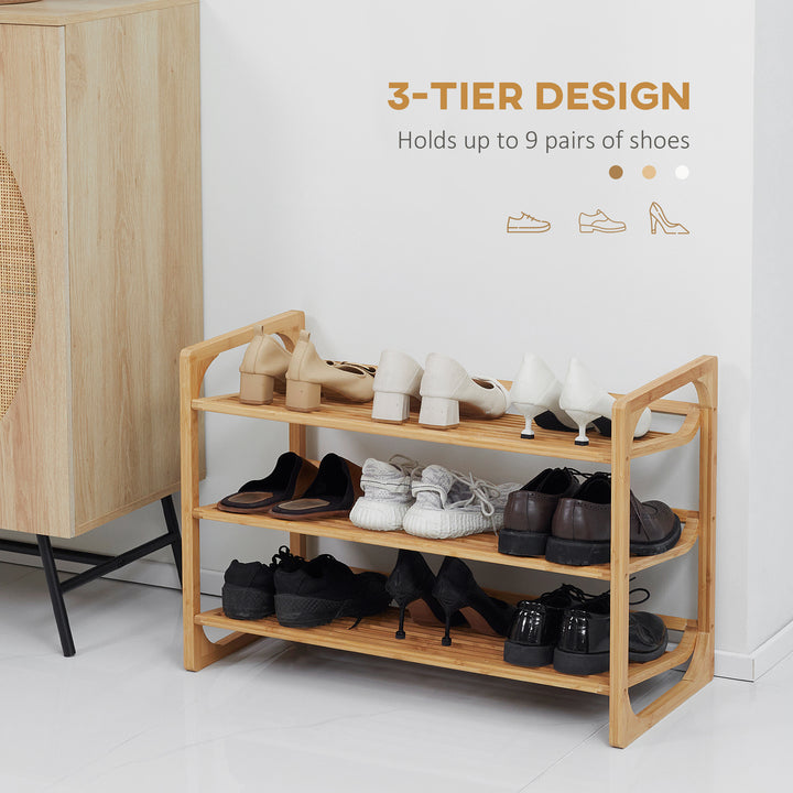 3-Tier Shoe Rack, Bamboo Shoe Storage Organizer with Slatted Shelves, Free Standing Shoe Shelf Stand for 9 Pairs of Shoes for Entryway, Hallway, Natural