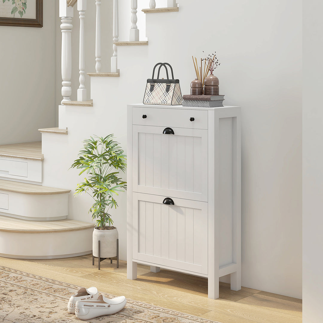 Narrow Shoe Cabinet with 2 Flip Drawers and Adjustable Shelves, White