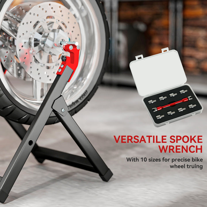 Foldable Motorcycle Wheel Balancer Truing Stand with Spoke Wrench, Steel Bike Tyre Rim Balancing Stand with Aluminium Shaft, Fits Wheels up to 23" in Diameter, 5" in Width, Black