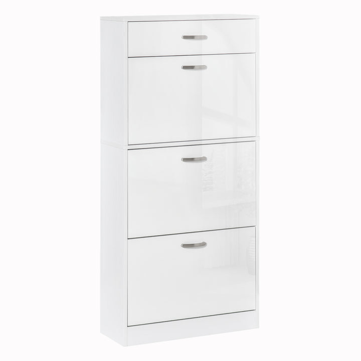 MCL Shoe Cabinet with 3 Flip Drawers, High Gloss Shoe Storage Cabinet with Top Drawer and Adjustable Shelves, Shoe Cupboard for 18 Pairs, White