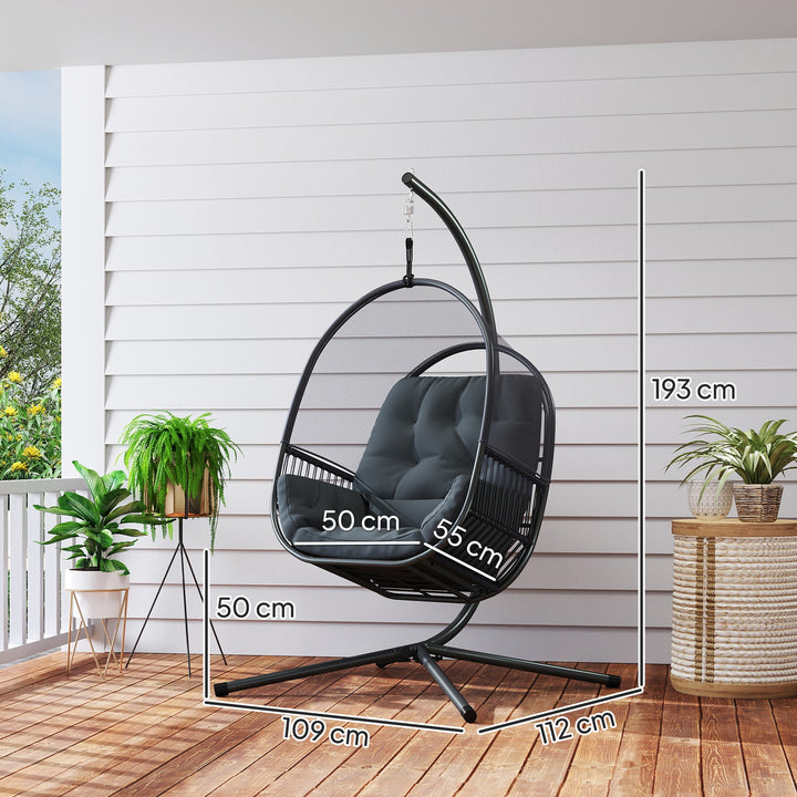 Hanging Egg Chair Outdoor Indoor, Swing Hammock Chair with Stand, Cushions, Lumbar Pillow, Adjustable Height and Steel Frame for Garden Patio Lounge Porch, Dark Grey