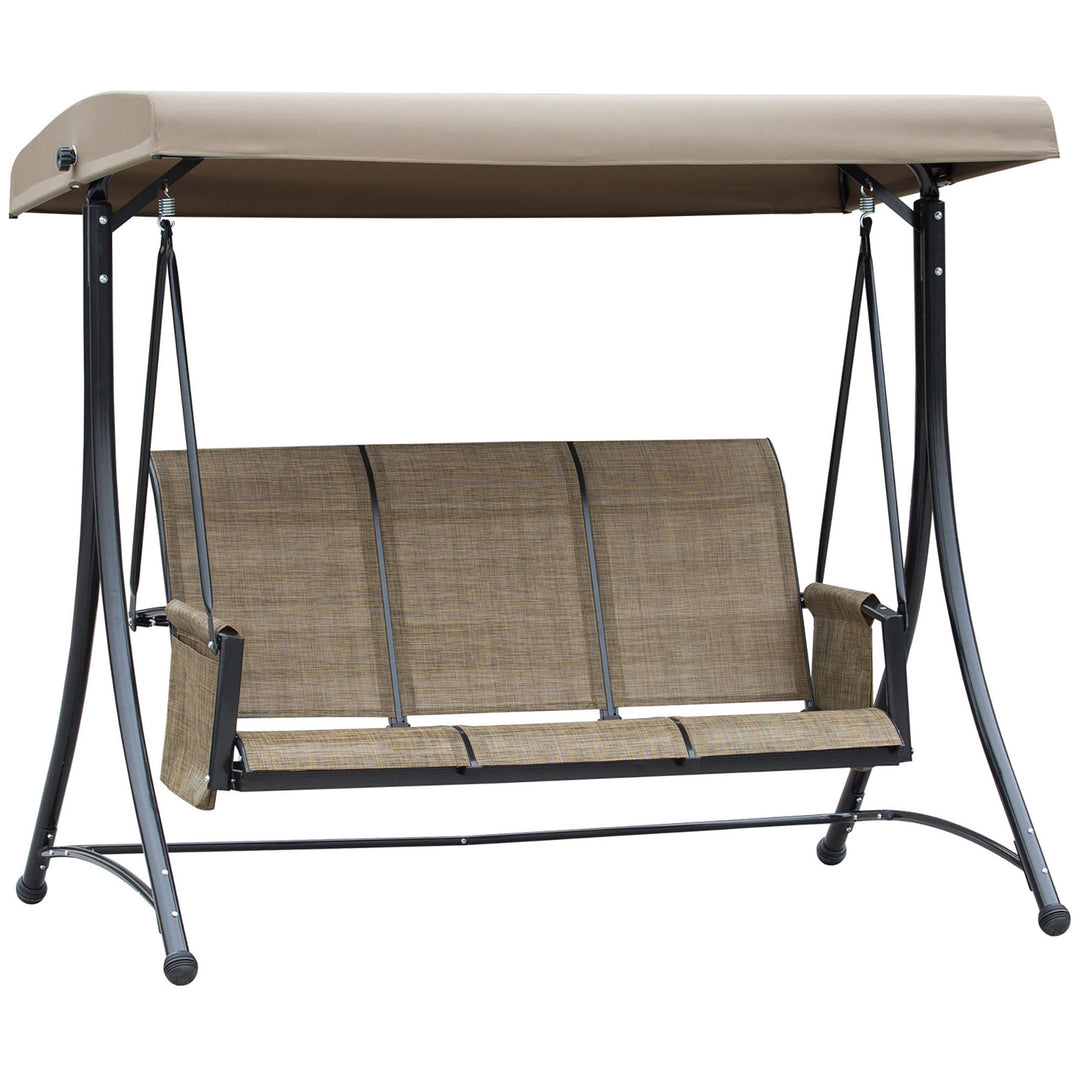 3 Seater Garden Swing Seat Outdoor Swing Chair with High Back Design, Steel Frame, Side Pouches, Adjustable Canopy, Brown