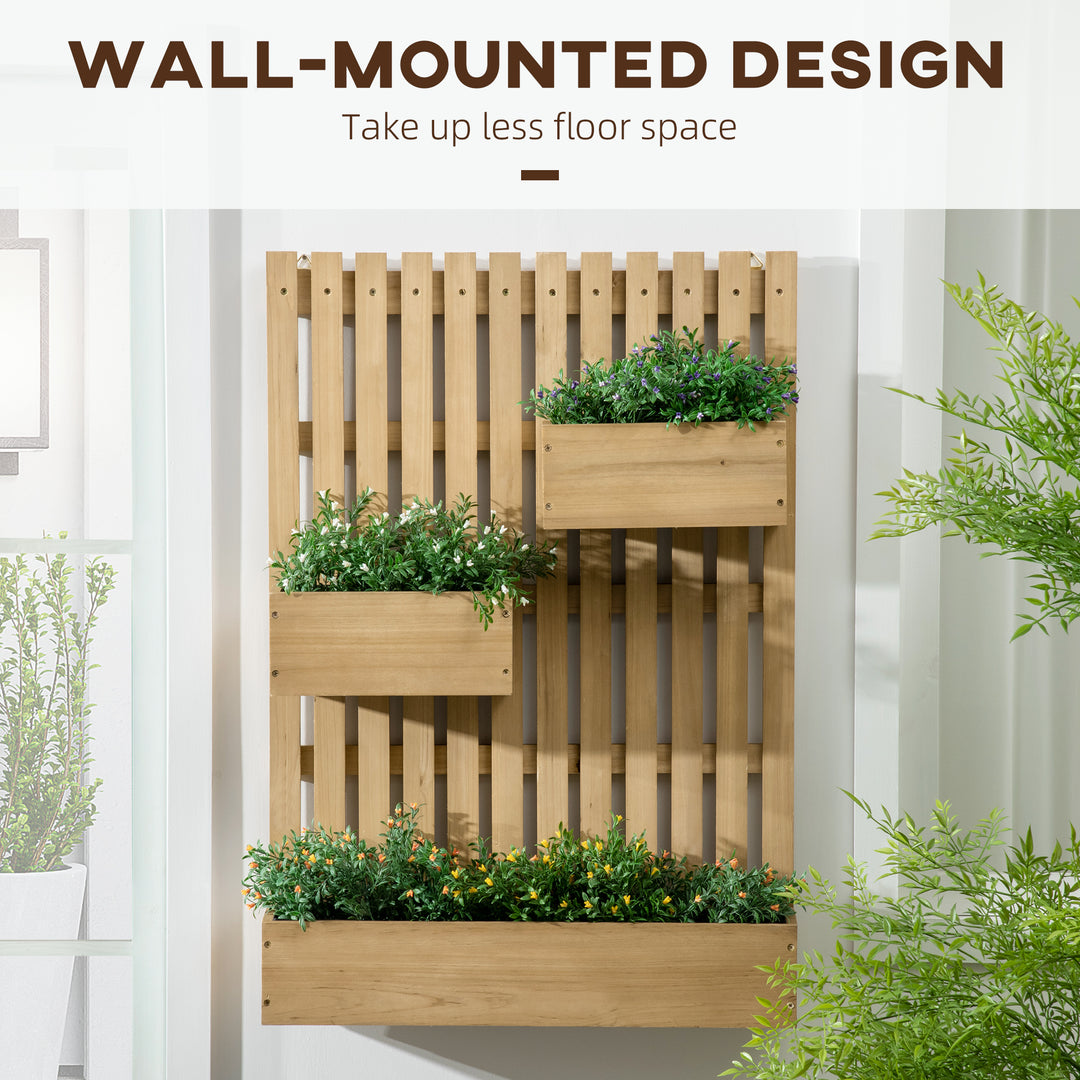 Wall-mounted Wooden Garden Planters with Trellis, Drainage Holes and 3 Planter Boxes for Patio, Natural