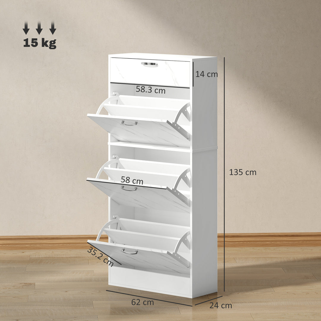 Marble Shoe Storage Cabinet with 3 Flip Drawers, Hallway Cabinet with Top Drawer and Adjustable Shelves, Shoe Cupboard for 18 Pairs, White