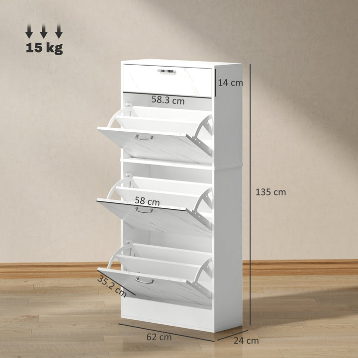 Marble Shoe Storage Cabinet with 3 Flip Drawers, Hallway Cabinet with Top Drawer and Adjustable Shelves, Shoe Cupboard for 18 Pairs, White