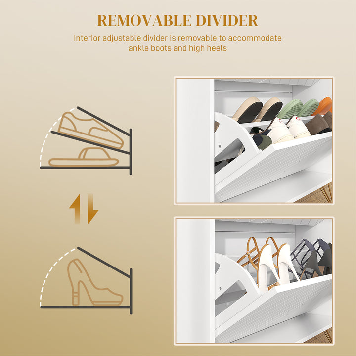 12 Shoe Storage Cabinet, with Chevron Indents and Gold Tone Accents - White