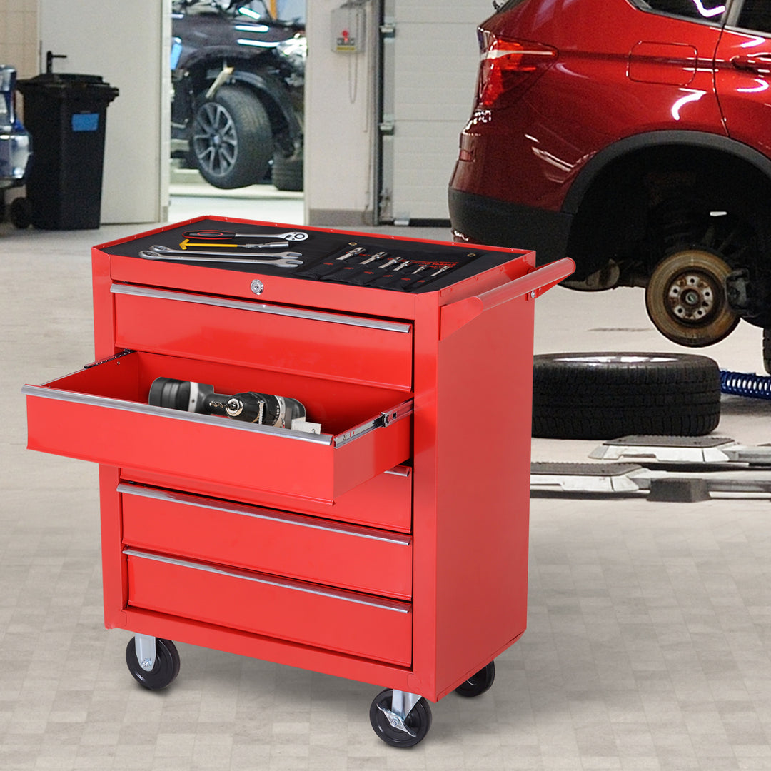 5-Drawer Lockable Tool Storage Cabinet with Wheels, Handle, 2 Keys, Steel Home Work DIY Workshop Chest, Garage Equipment Trolley, Red