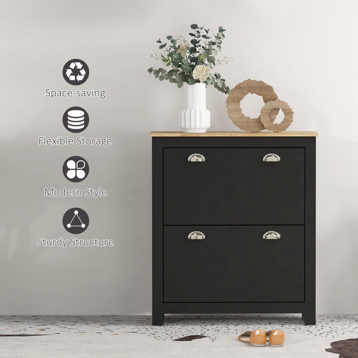 2 Drawer Shoe Cabinet Modern Narrow Shoe Cupboard Hallway Wooden Storage Organiser with Flip Doors Adjustable Shelf for 6-12 Pairs, Black