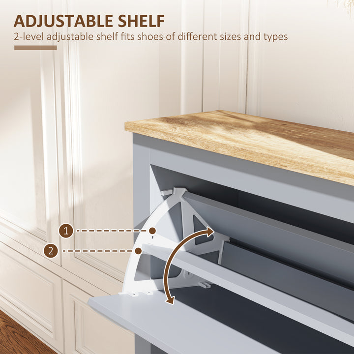 2 Drawer Shoe Cabinet Modern Narrow Shoe Cupboard Hallway Wooden Storage Organiser with Flip Doors Adjustable Shelf for 6-12 Pairs, Grey