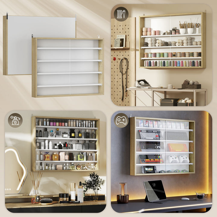 5-Tier Wall Display Shelf Unit Cabinet w/ 4 Adjustable Shelves Glass Doors Home Office Ornaments 60x80cm Natural