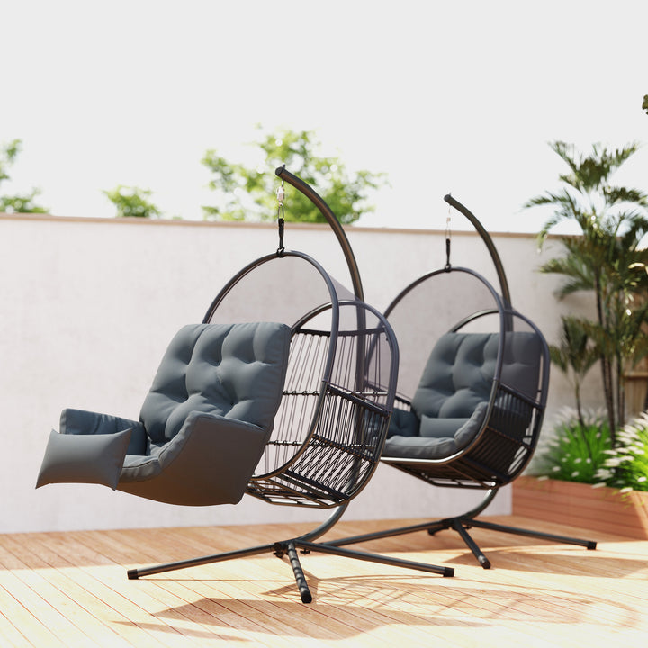 Hanging Egg Chair Outdoor Indoor, Swing Hammock Chair with Stand, Cushions, Lumbar Pillow, Adjustable Height and Steel Frame for Garden Patio Lounge Porch, Dark Grey