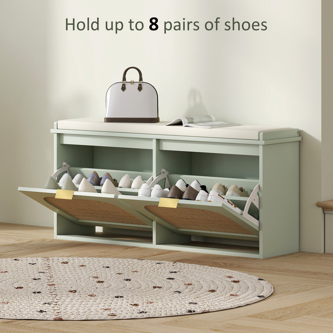 Boho Shoe Bench with Padded Seat and 2 Flip-Drawers - Light Green