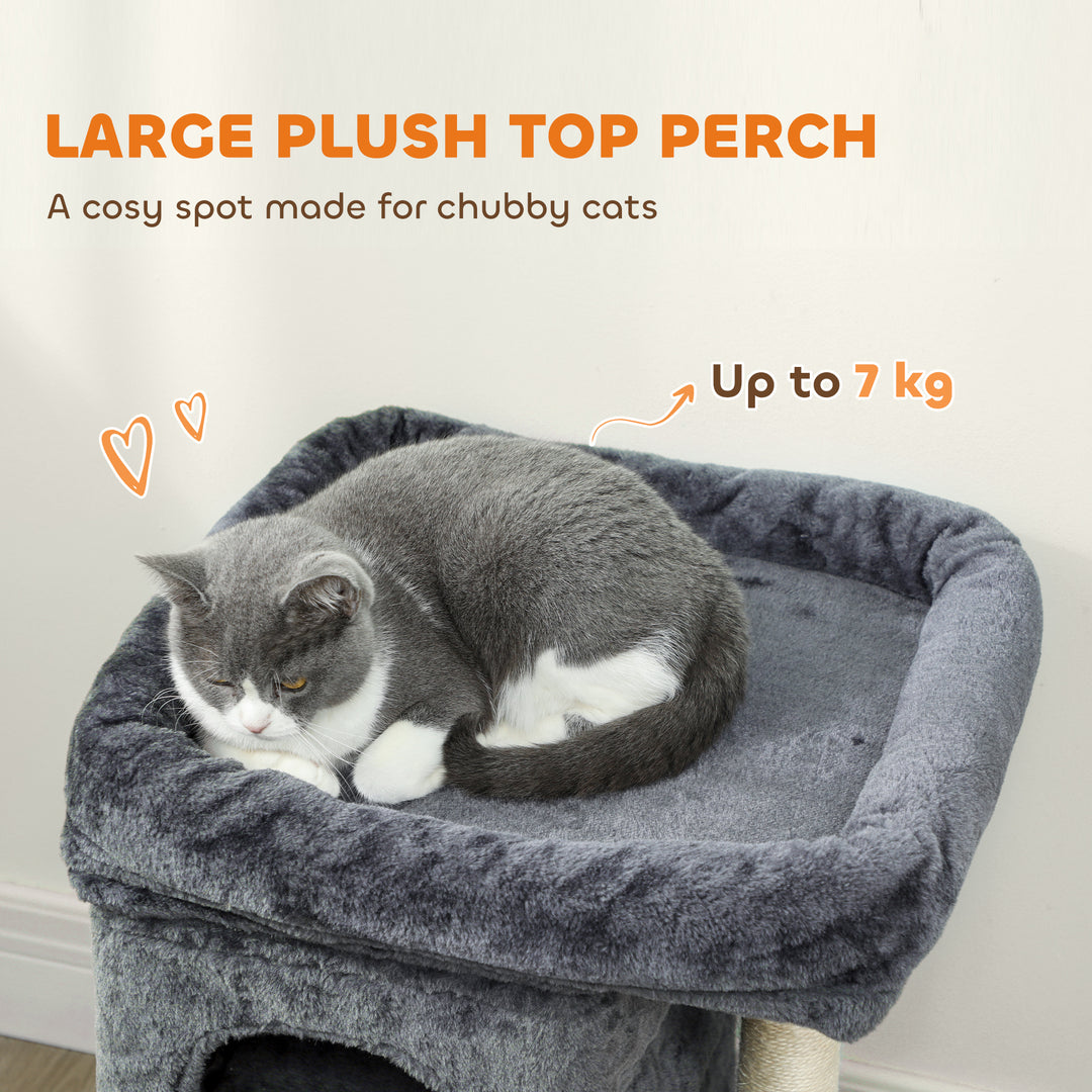 PawHut 66 cm Small Cat Tree for Large Cats, Cat Tower w/ Large Top Perch, 2 Condos, Sisal Scratching Post, Toy Ball, Dark Grey