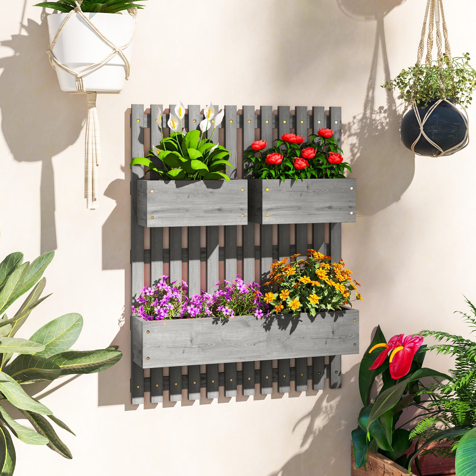 Wall-mounted Wooden Garden Planters with Trellis, Drainage Holes and 3 Planter Boxes for Patio, Grey