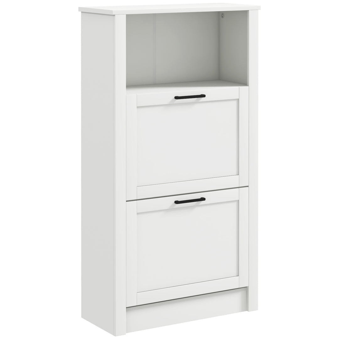 Modern Shoe Cabinet with 2 Flip Drawers and Adjustable Shelves, Narrow Shoe Storage Cabinet with Open Compartment, Holds 10 Pairs for Entryway, Hallway, White