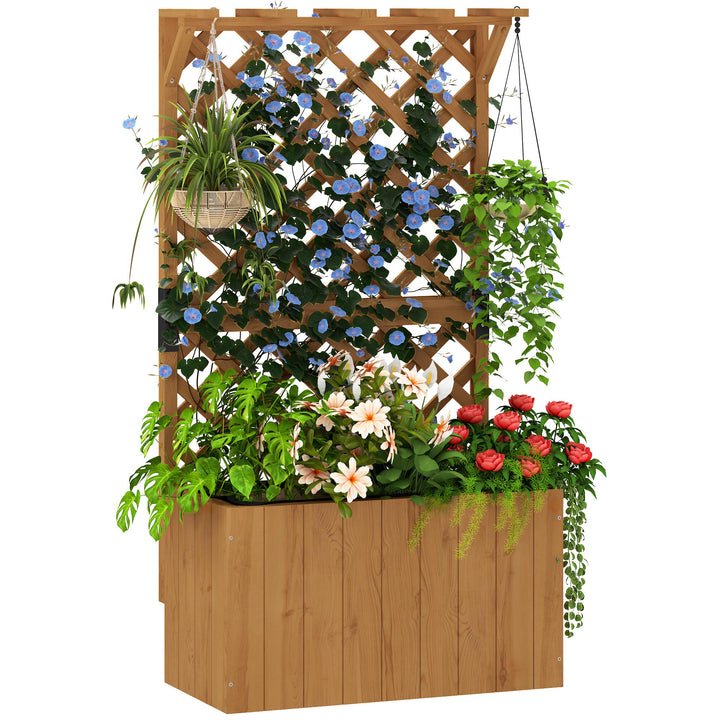 Wooden Planter with Trellis, Freestanding Raised Garden Bed with Drainage Holes, Outdoor Planter Box with Liner for Vegetables, Herbs and Flowers, Natural