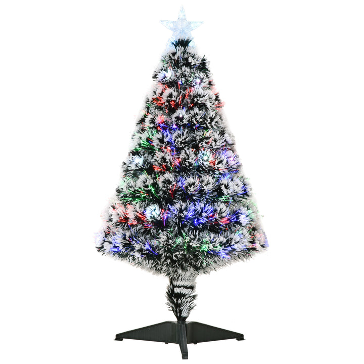 3ft Artificial Prelit Christmas Tree, Snow Xmas Tree with Colourful LED Lighting Fiber Optics, Green White